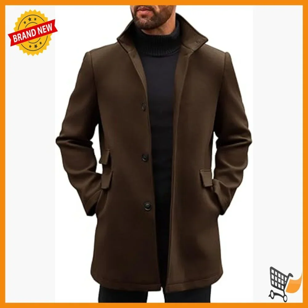 Men's Slim Fit Pea Coat Winter Overcoat with Pockets Stand Collar